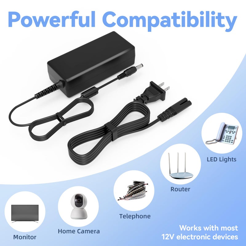 ABLEGRID Charger Compatible with Security Camera 12V 5A 60W 2-Prong Plug AC to DC 2.5x5.5mm w/8-Way Power Splitter Cable Power Supply for CCTV Security Camera DVR, LED Strip Lights - Image 3